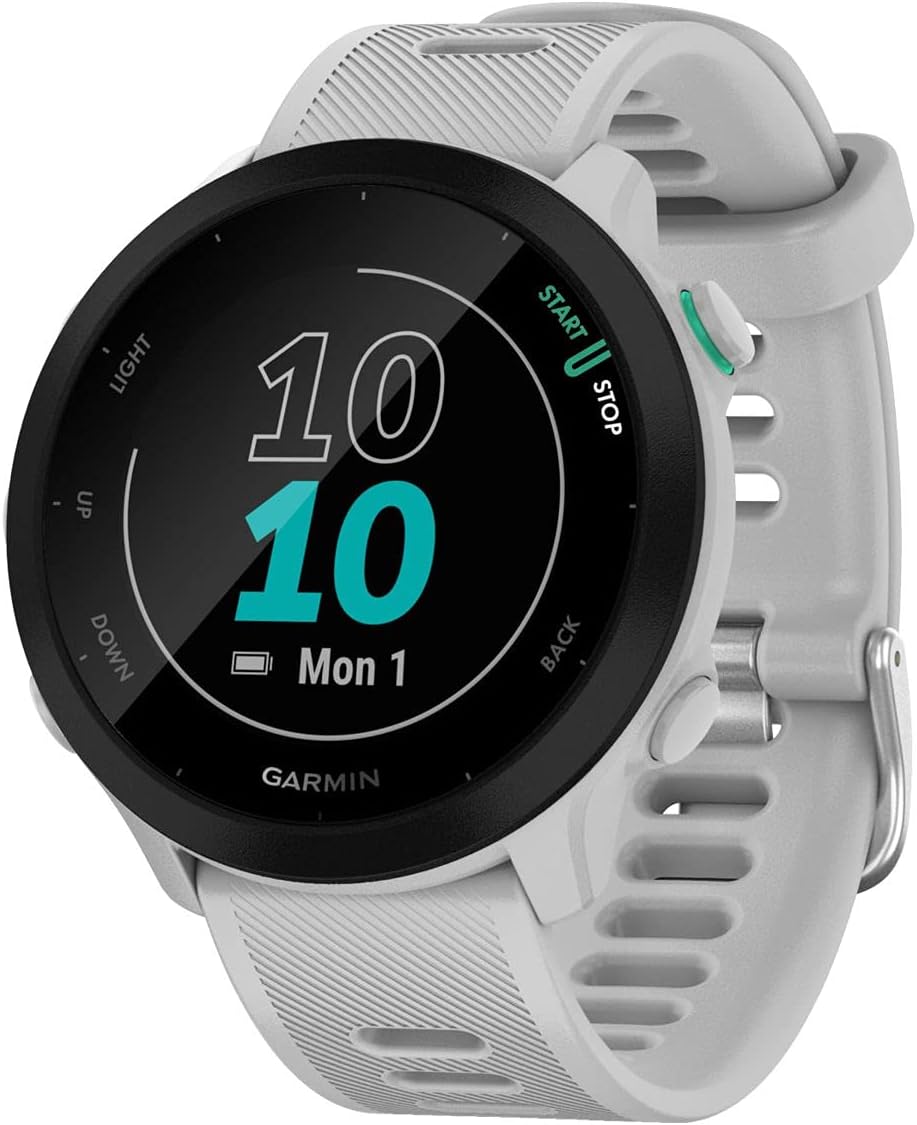 Garmin Forerunner 55 (Whitestone), Smartwatch running con GPS, Cardio, Piani di allenamento inclusi, VO2max, Allenamenti personalizzati, Connect IQ, Taglia unica